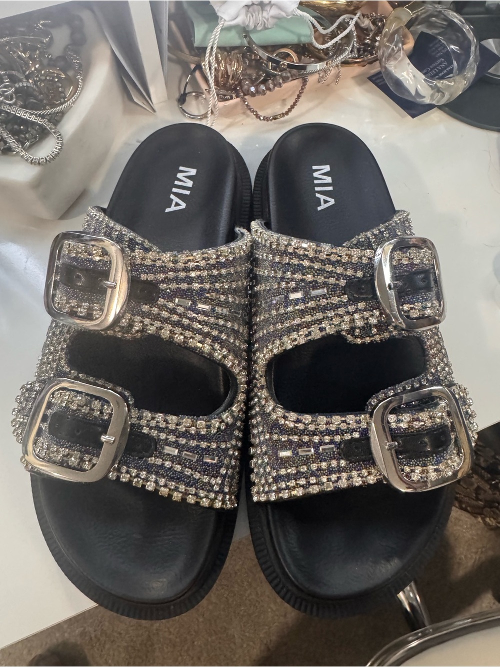 MIA Black Crystal-Embellished Double-Buckle Slide Sandals 8.5